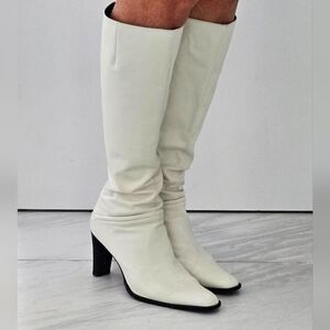 Vintage HALSTON pearl White Calf High Leather Pointed Go-Go Boots